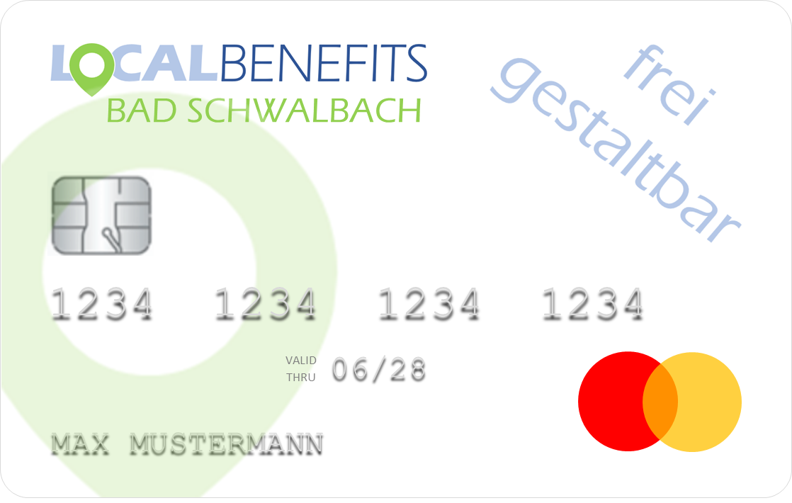 LOCALBENEFITS Guthabenkarte, mit der der steuerfreie Sachbezug (€50) in Bad Schwalbach bei über 50 lokalen Partnern genutzt werden kann.
