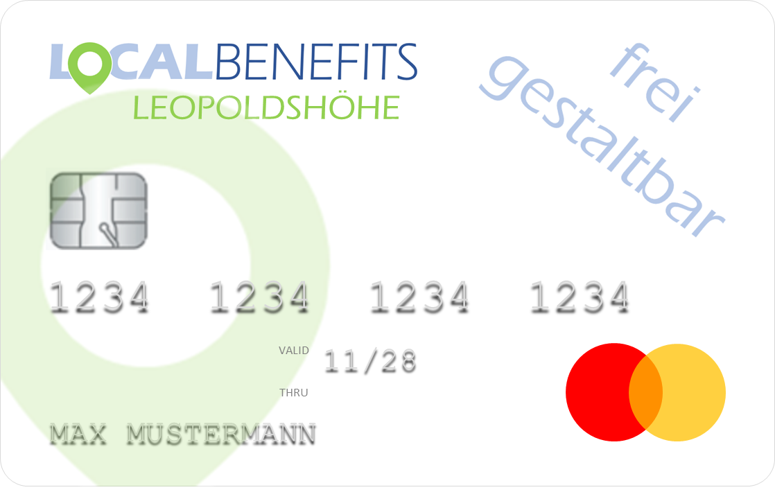 LOCALBENEFITS Sachbezugskarte, mit der Sie bei über 70 lokalen Händlern in Leopoldshöhe den steuerfreien Sachbezug (€50) nutzen können.